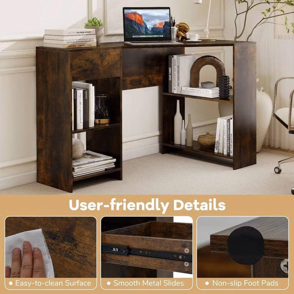 KORVIXA Modern Compact Corner Executive Desk in Brown with Pull-out Drawer and Open Shelving, W/D/H: 100 x 100 x 60 cm – 3