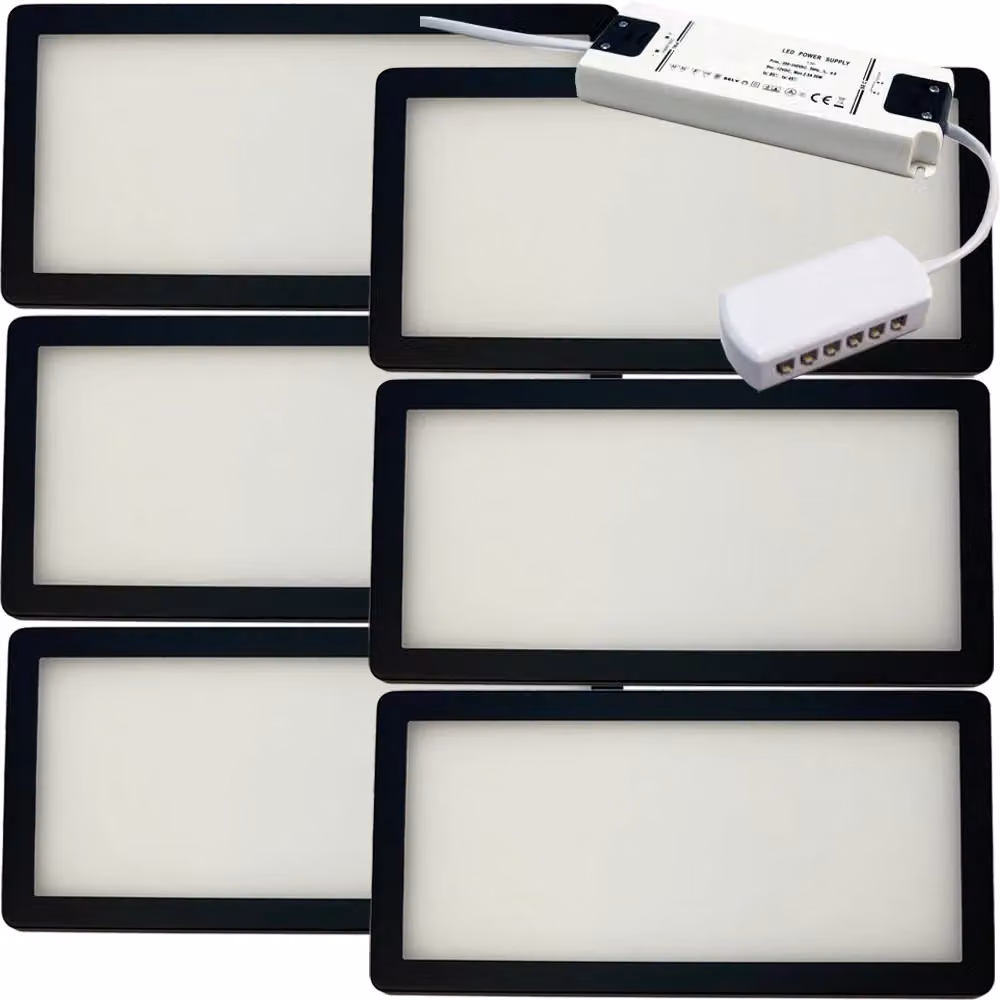 Loops 6x Matt Black Ultra-Slim Rectangle Under Cabinet Kitchen Light and Driver Kit with Warm White Diffused LED – 5