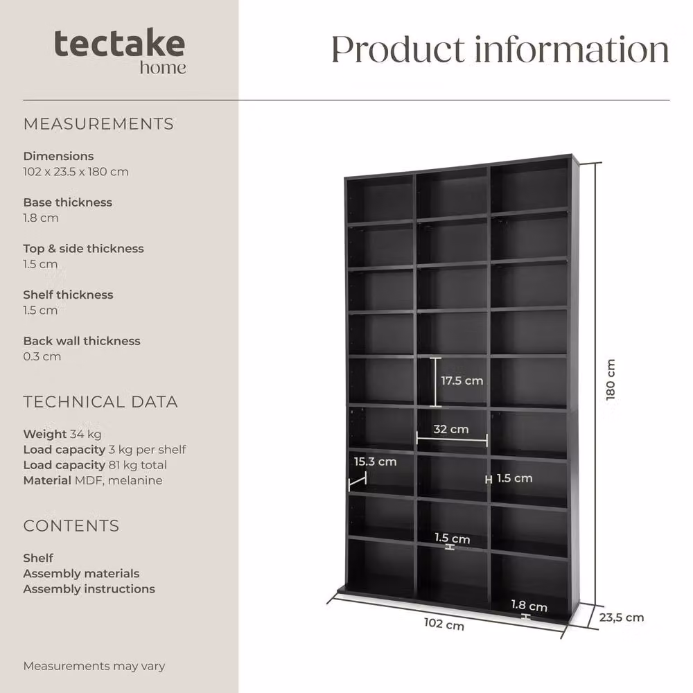 tectake Christel CD Shelf Unit in Black with 27 Compartments and Adjustable Shelves – 6