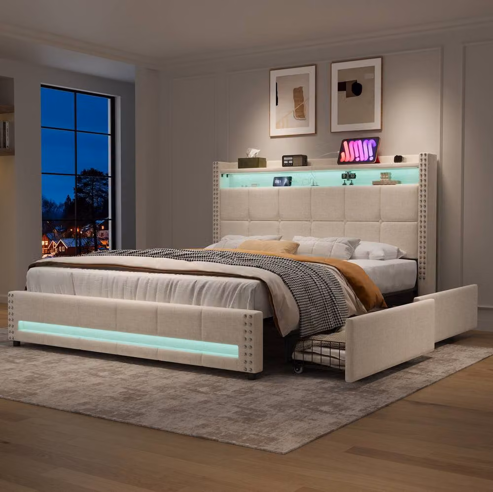 STILVORA Double Upholstered Storage Bed in Beige with USB Charging Port and Under-Bed Lighting, W/D/H: 140 x 200 cm – 2