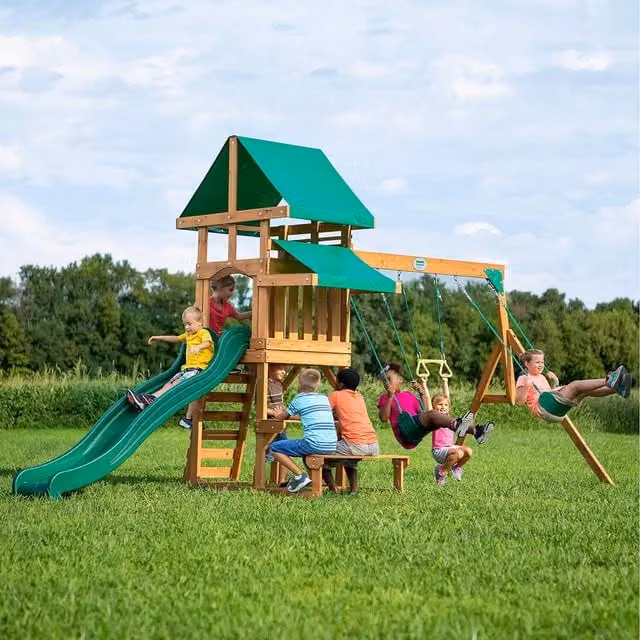 Backyard Discovery Belmont Cedar Wooden Climbing Frame with Canopy, Slide, Swing and Sandbox in Multicolour