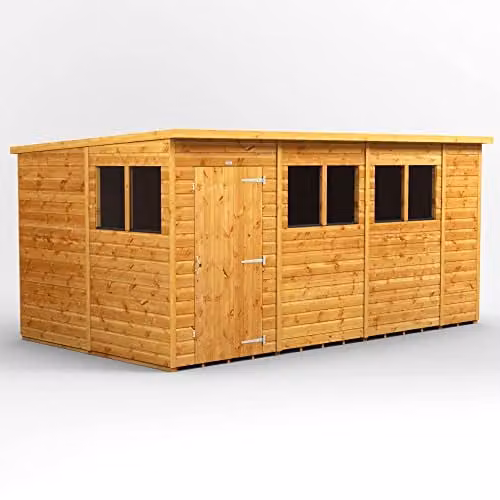 Powersheds Premium Pent Wooden Garden Shed in Brown with 12mm Extra Thick Timber and Toughened Glass Windows