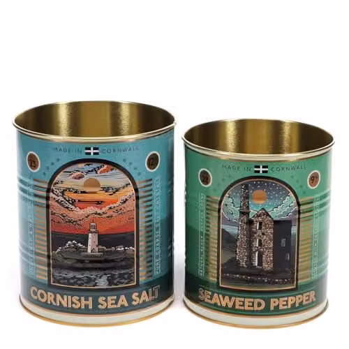 Rex London Cornish Salt and Pepper Metal Storage Tins Set of 2, Multicolour, Nestable and Stackable