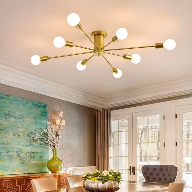 Garwarm 8-Light Gold Sputnik Semi Flush Mount Ceiling Pendant Light in Brass and Metal