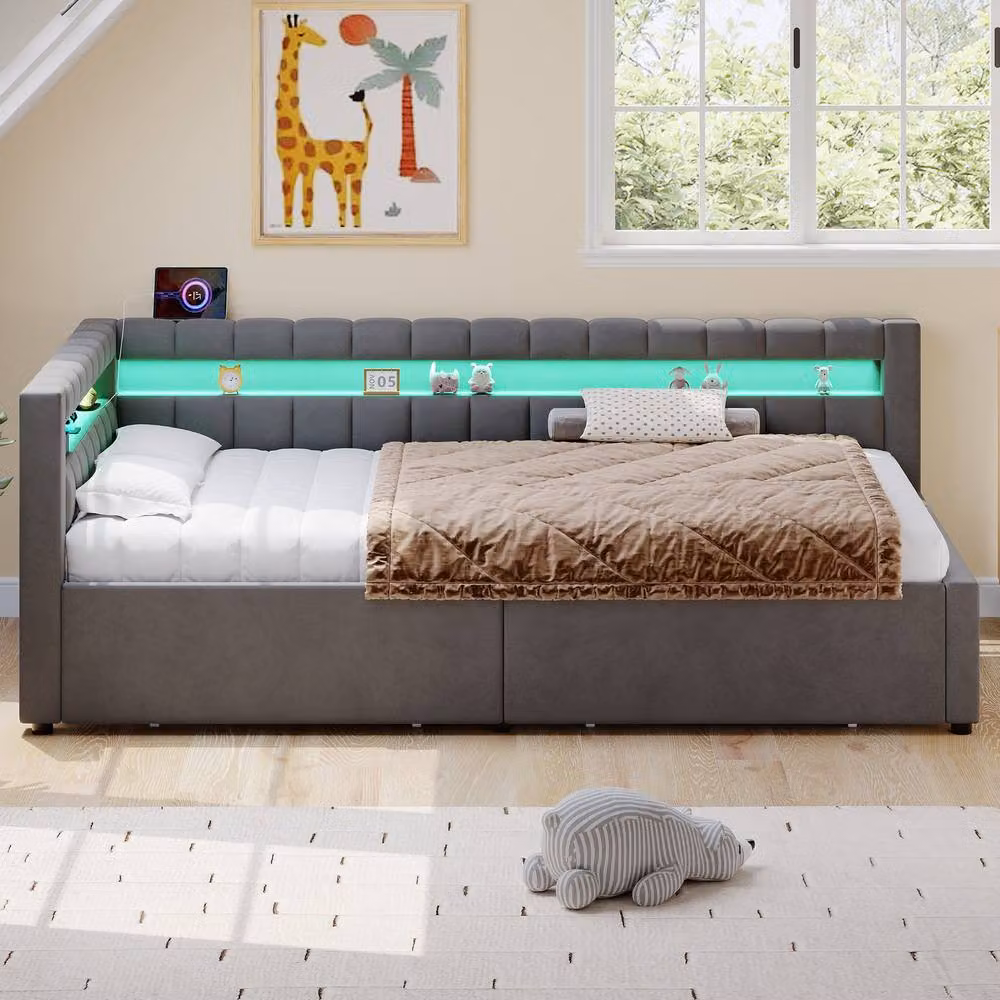 Matteo Modern Single Velvet Daybed in Grey with LED Lighting, USB Charging and Under-bed Storage Drawers, W/D/H: 90 x 190 cm – 3