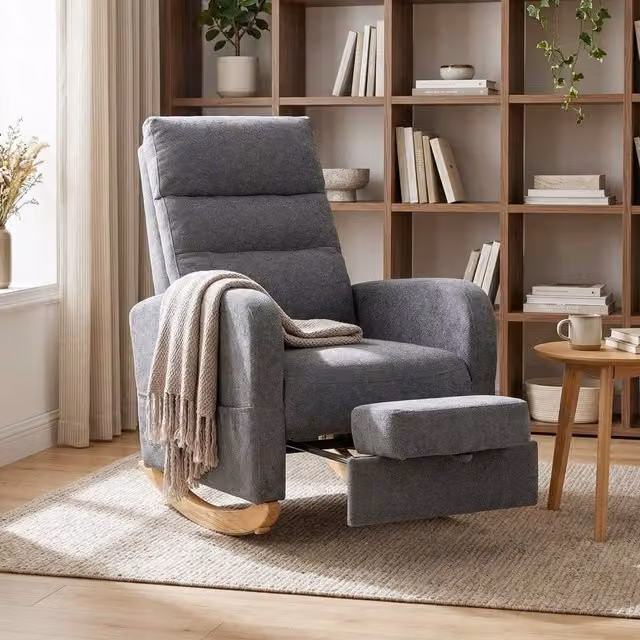HOMCOM Grey Upholstered Rocking Chair with Retractable Footrest and Armrests