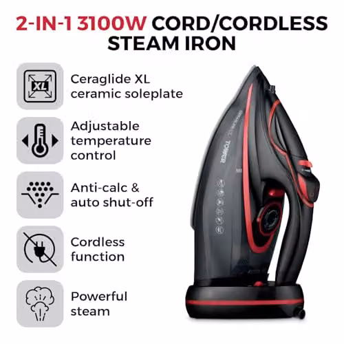 Tower Cordless Steam Iron with Ceramic Non-Stick Soleplate, Anti-Calc System and Auto Shut-Off, Red and Black – 2