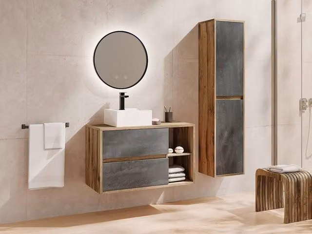 Vente-unique Wall-Mounted Bathroom Unit with Single Basin and Column in Natural Light Oak – 1