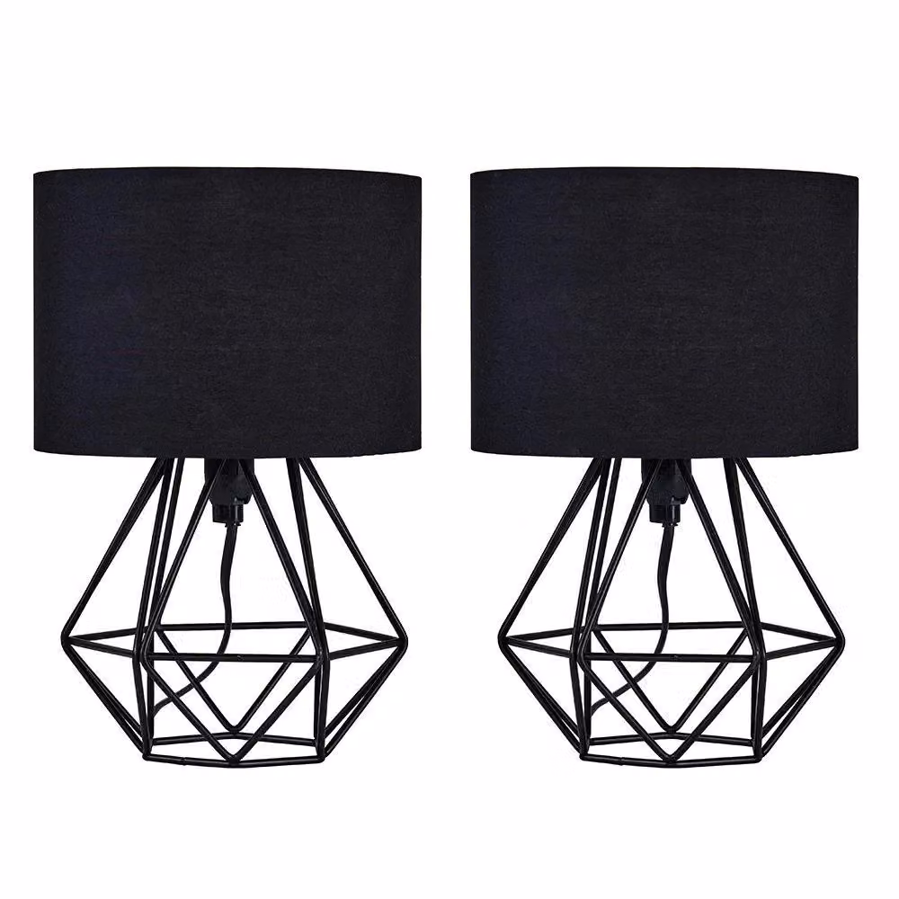 ValueLights Pair of Satin Black Metal Basket Cage Table Lamps with Black Fabric Shades – 2
