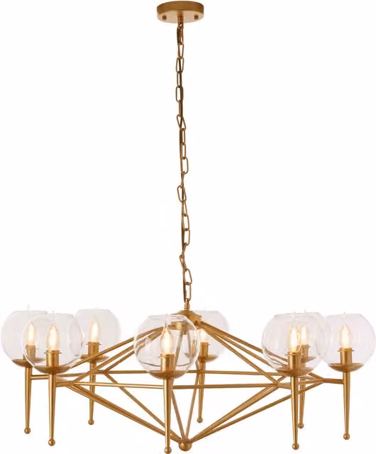 Fifty Five South Orsina 8 Arm Geo Pendant Lamp in Gold and Brass with Transparent Glass Globes