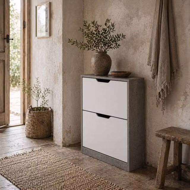 Wyld Haus Lohase Grey and White Modern Shoe Cabinet with Tilting Compartments and Internal Shelves, W/D/H: 81 x 26 x 62.5 cm – 1
