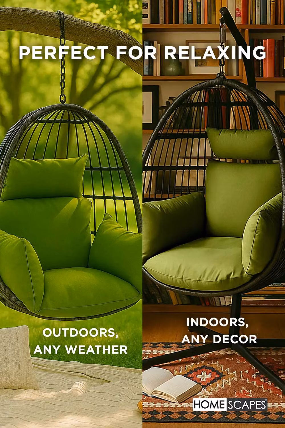 HOMESCAPES Luxury Waterproof Egg Chair Cushion in Green with Removable Headrest – 3
