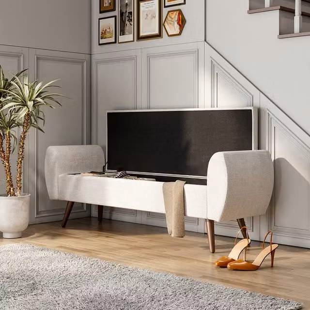 Livingandhome Mid-Century Linen Upholstered Storage Bench in Beige