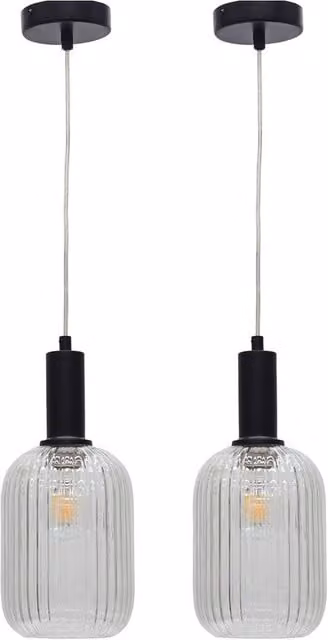First Choice Lighting Batley Set of 2 Art Deco Pendant Fittings with Transparent Ribbed Glass and Black Metal Finish