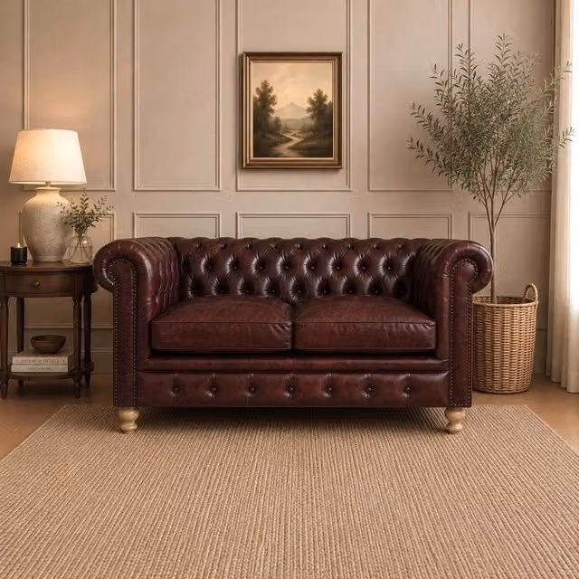 Elm Home And Garden Kensington Red Leather 2 Seater Chesterfield Sofa