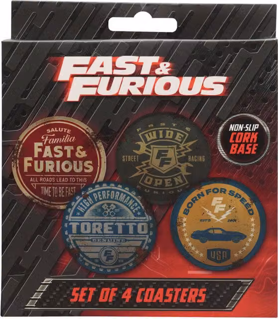 Fast and Furious Set of 4 Round Vintage Style Non-Slip Coasters in Multicolour with Metal and Cork