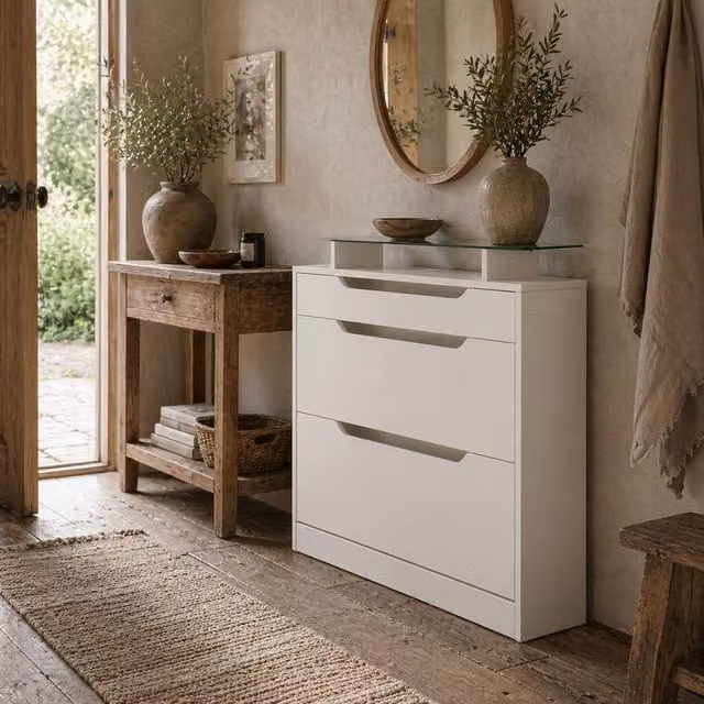 Wyld Haus Masola White Narrow Shoe Cabinet with 2 Flip Doors, Slide-Out Drawer and Tempered Glass Top – 1