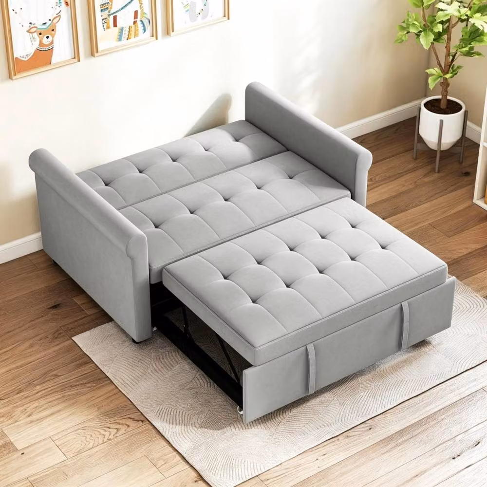 STILVORA 2-Seater Grey Velvet Fabric Sofa Bed with Adjustable Headrest and Sleeping Function – 2