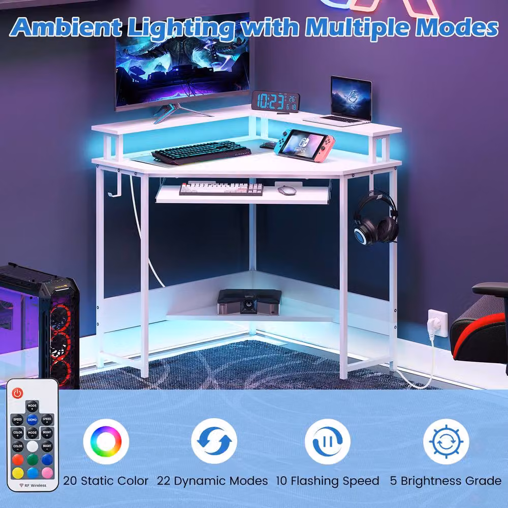 Costway White Triangle Corner Gaming Desk with Charging Station and LED Lighting – 2