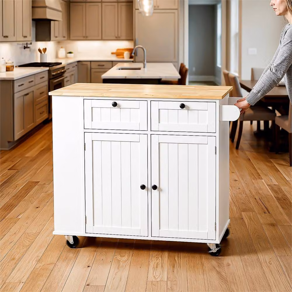 NESTLUNE B White Kitchen Island Rolling Storage Trolley with Rubberwood and Glass – 4