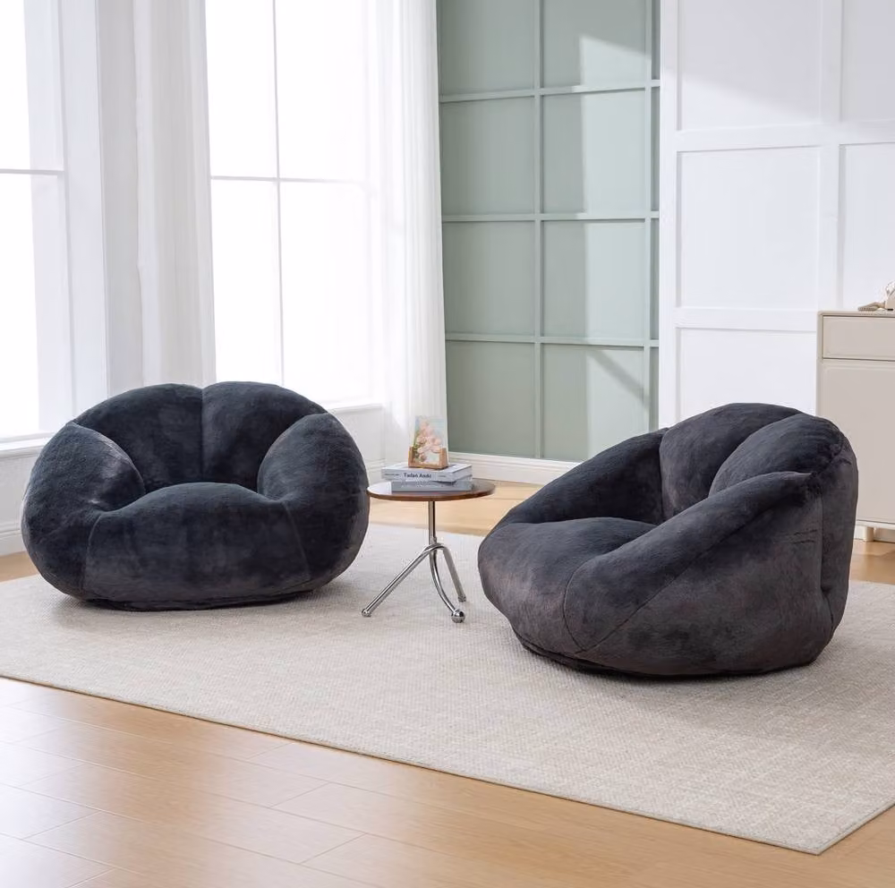 STILVORA Shell-Shape Bean Bag Chair with Black Faux Fur and Shredded Memory Foam – 2