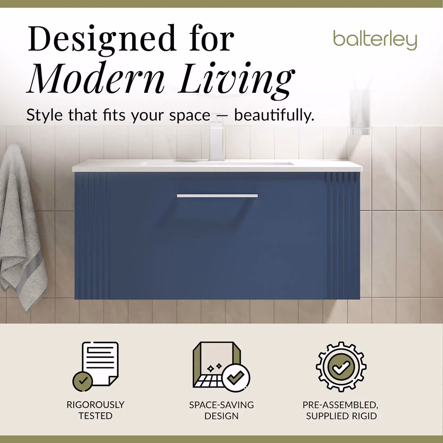 Balterley Wall Hung 1 Drawer Vanity Unit with Minimalist Basin, Satin Blue, Width: 80 cm – 2