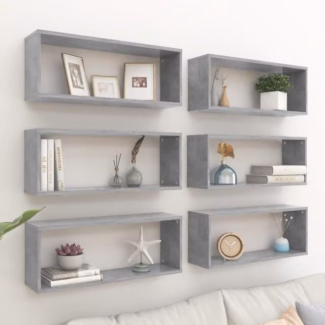 Berkfield Home Wall Mounted Cube Shelf Set of 6 in Concrete Grey, W: 60 cm, D: 23 cm, H: 15 cm – 1