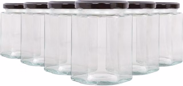Argon Tableware Hexagonal Glass Jam Jars with Leakproof Screw-Top Metal Lids, 250ml, Black, Pack of 6