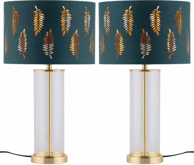 First Choice Lighting Aura Set of 2 Satin Brass Table Lamps with Green Fern Cut Out Glass Shades in Gold