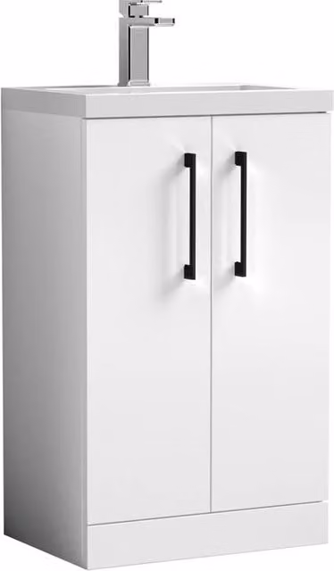 Balterley Gloss White Modern Bathroom Vanity Basin Unit with Black Handles, Width: 50 cm