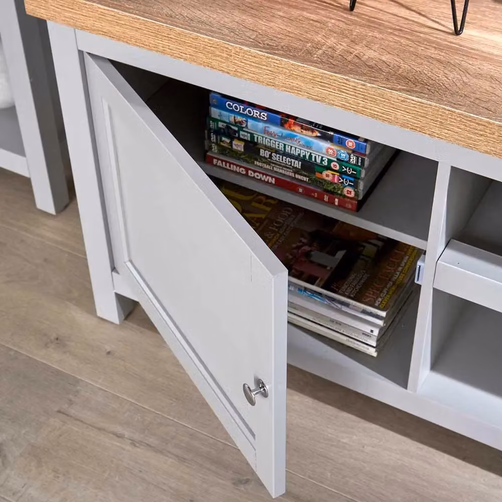 Home Source Modern 2 Door TV Stand Unit with Storage Cabinet and Open Shelving in Grey – 2