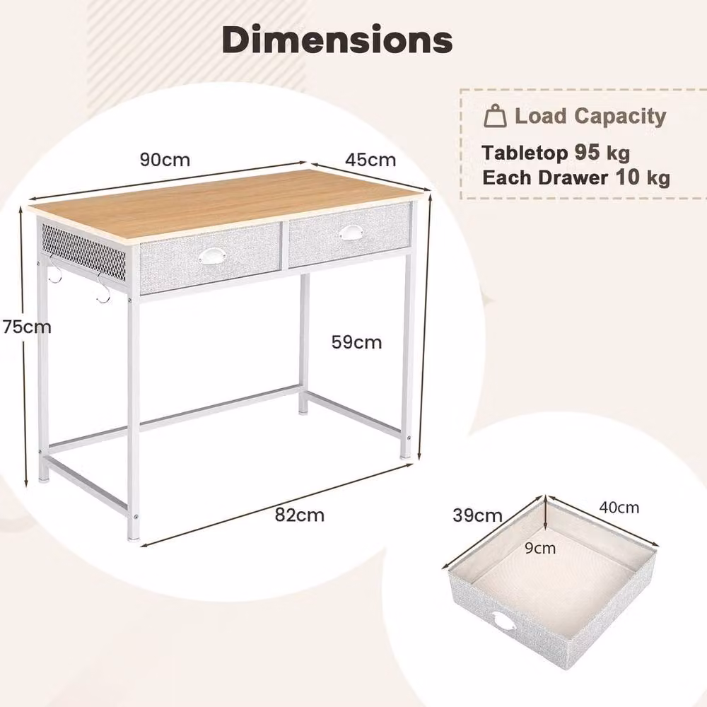 FORGEVIO Modern Computer Desk for Home Office in Natural Brown and White with 4 Hanging Hooks – 2