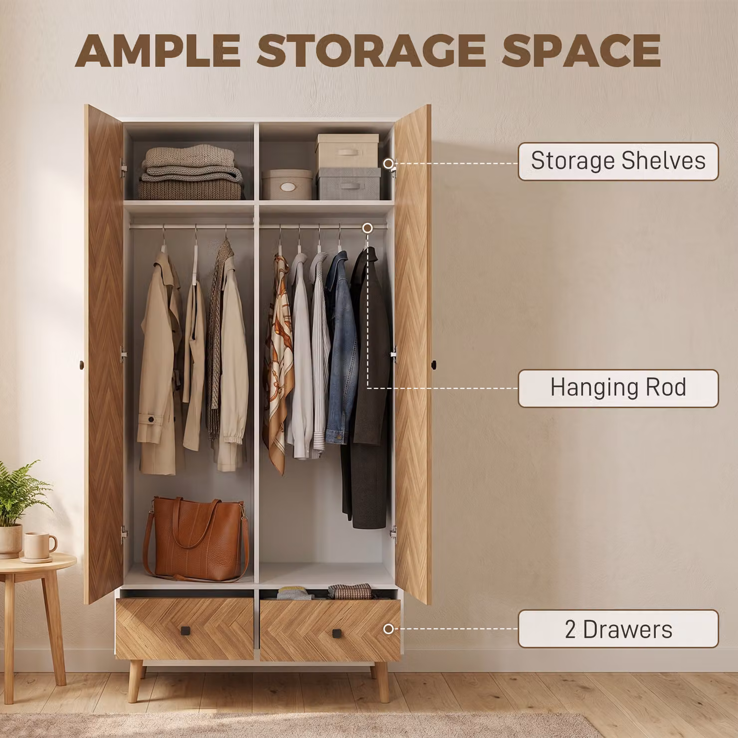 HOMCOM Modern White Wardrobe with 2 Hanging Rods, 2 Shelves and 2 Drawers – 2