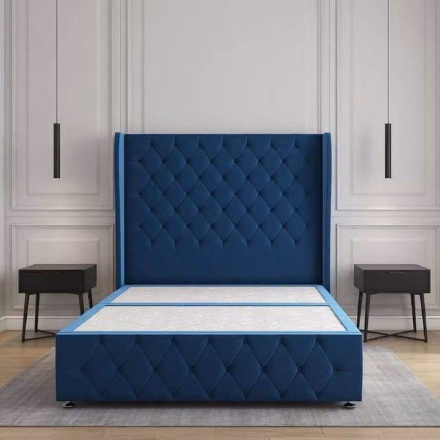 Regional Furnishings Blue Plush Velvet Divan Bed with Headboard and Footboard, Single, W/D: 90 x 190 cm