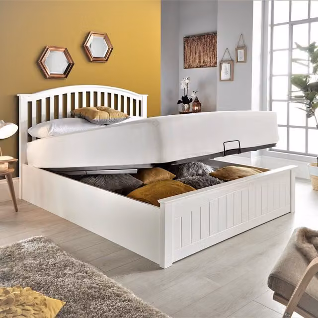Bedmaster Grayson White Solid Wood Ottoman Bed with Lift Up Base, W: 140 cm, L: 200 cm