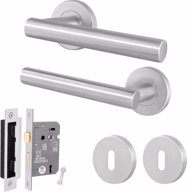 AFIT Silver Satin T-Bar Lever on Rose Door Handles and Key Lock Kit, Stainless Steel, W/D/H: 150 x 150 x 7 mm – 1