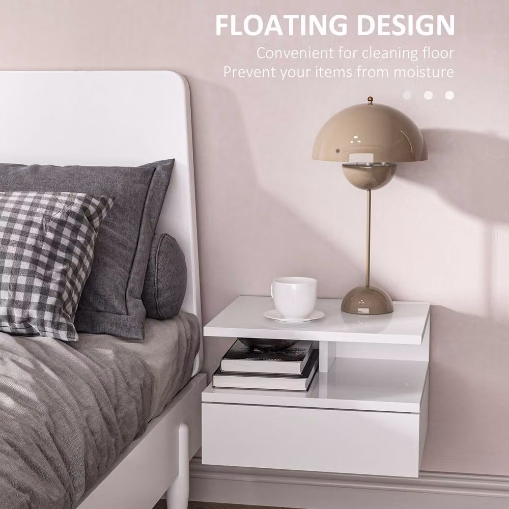 STILVORA Set of 2 White Glossy Wall Mounted Bedside Tables with Drawer and Shelf – 3