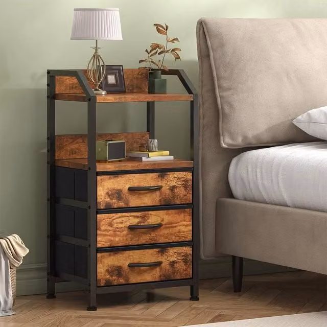 FORGEVIO Rustic Brown Bedside Table with 3 Fabric Drawers, W/D/H: 40 x 35 x 75 cm