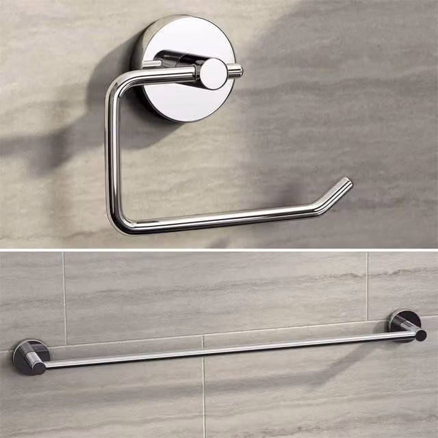 SPETLEK Wall Mounted Silver Towel Rail and Toilet Roll Holder Set – 1