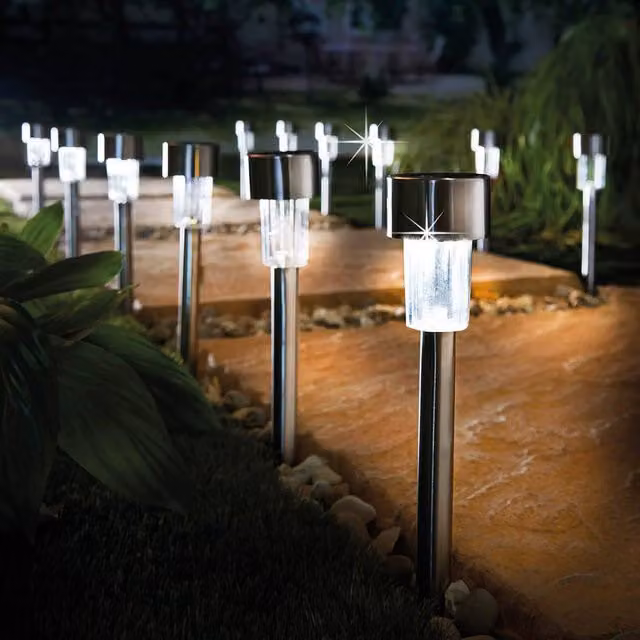 Gainsborough Set of 12 Silver Stainless Steel Solar Garden Lights with Warm White LED and Dusk Sensor