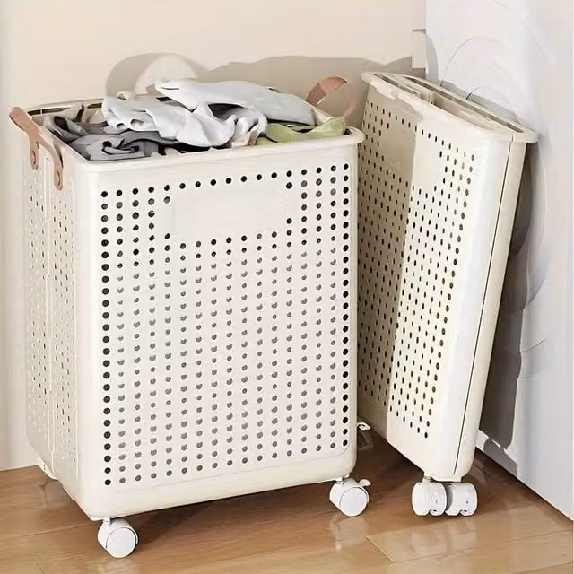 SPETLEK Large Foldable Laundry Basket in Beige with Handles