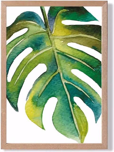 ARTZE Tropical Leaf Abstract Watercolour Botanical Framed Print in Green with Oak Frame, A3 – 1
