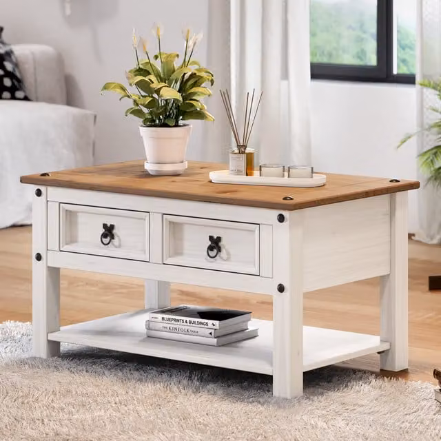 Mercers Furniture Corona 2 Drawer Coffee Table in Distressed White Waxed Solid Mexican Pine