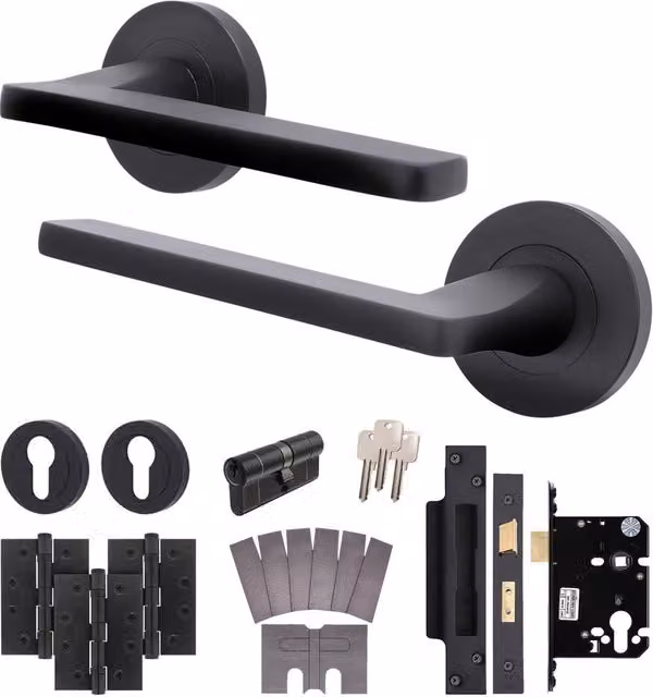 AFIT Matt Black Fire Door Handle Set with Euro Lock Cylinder, Latch and Hinges