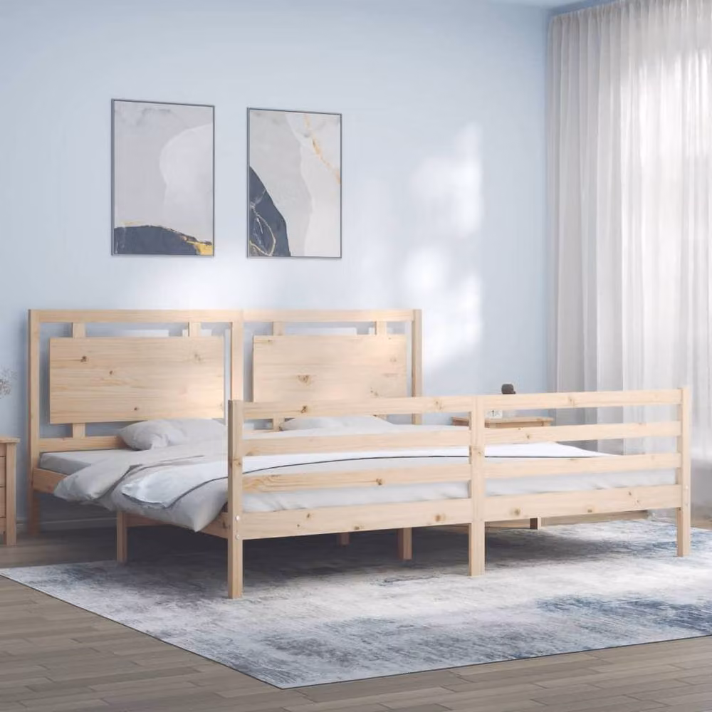 Berkfield Home Beautiful Bed Frame with Headboard in Natural Solid Pine, W/D/H: 200 x 200 x 100 cm – 2