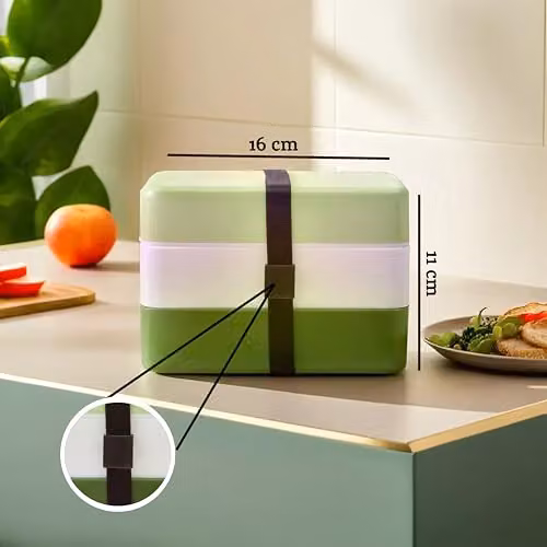 Premier Housewares Green and White Stackable Compact Bento Lunch Box with Cutlery and Compartments – 3