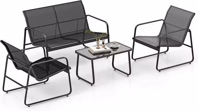 COSTWAY 4 Piece Modern Black Metal and Glass Patio Furniture Set