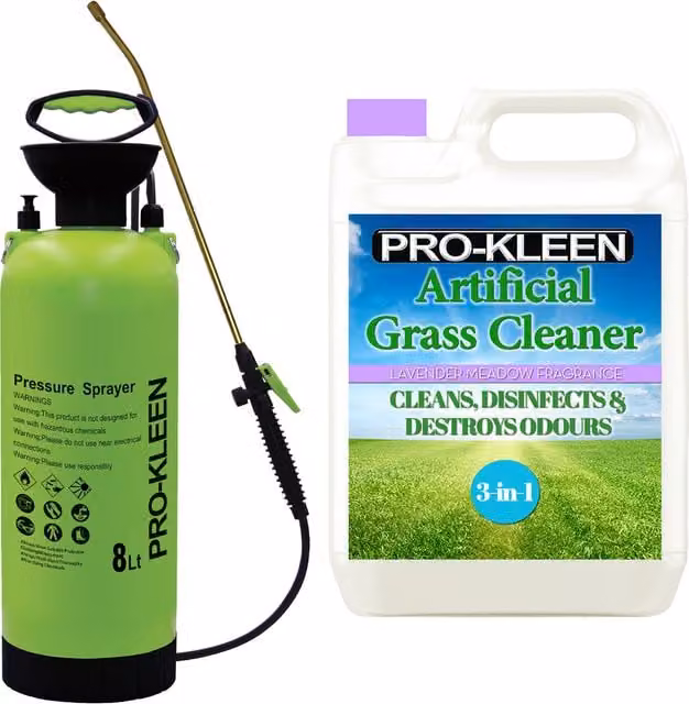 Pro-Kleen 8L Manual Pressure Sprayer with 5L Lavender Artificial Grass Cleaner in Purple and Green