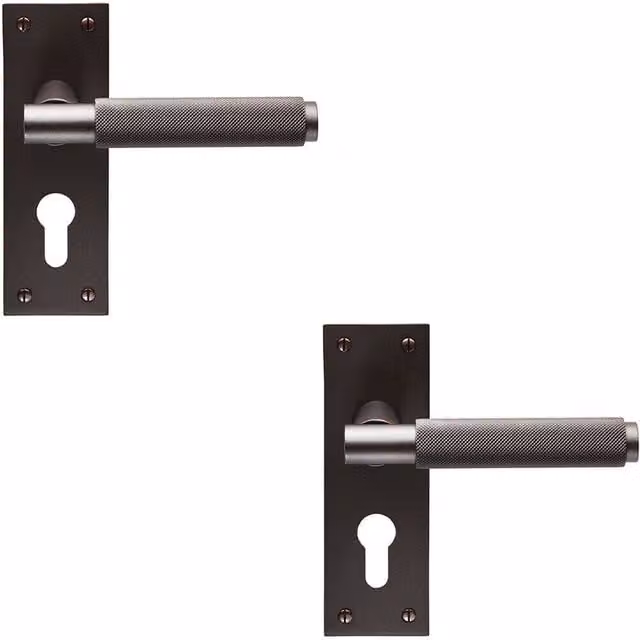 Loops 2x Pair Knurled Round Handles on Slim Euro Lock Backplate, Matt Bronze, W: 150 mm, H: 50 mm – 1