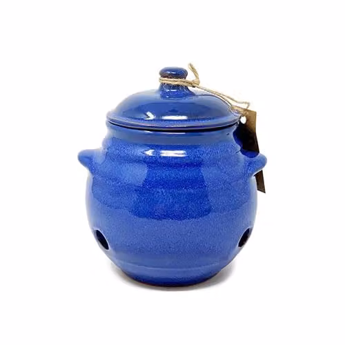 Verano Spanish Ceramics Selena Glazed Hand Dipped Ceramic Garlic Jar with Lid, Blue, Height: 15 cm – 4